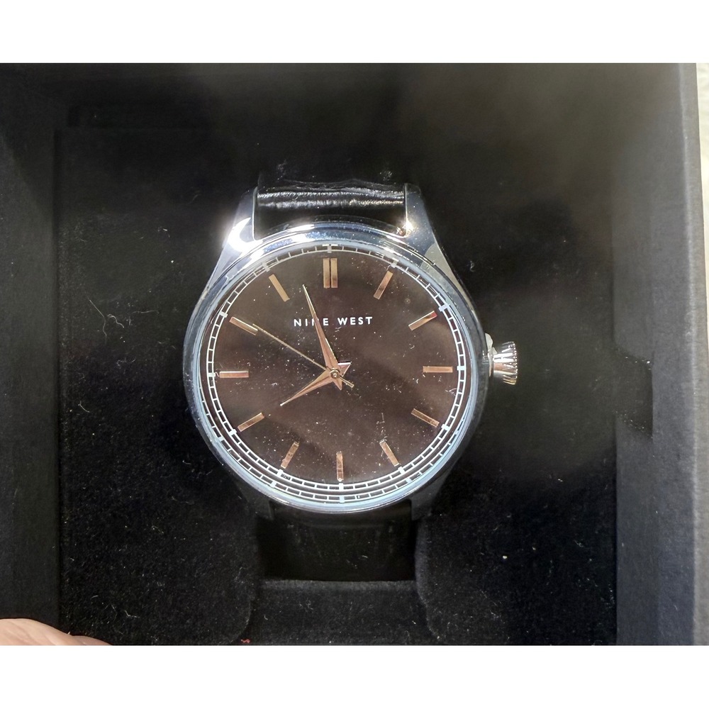 Nine West Mens Dress Watch Silver Tone Brown Dial Black Leather Strap NW2344